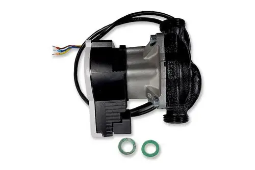 Umwälzpumpe von Roth mit elektrischen Anschlüssen und zwei Dichtungen. Die Pumpe hat eine kompakte Bauform und wird für Heizsysteme verwendet.